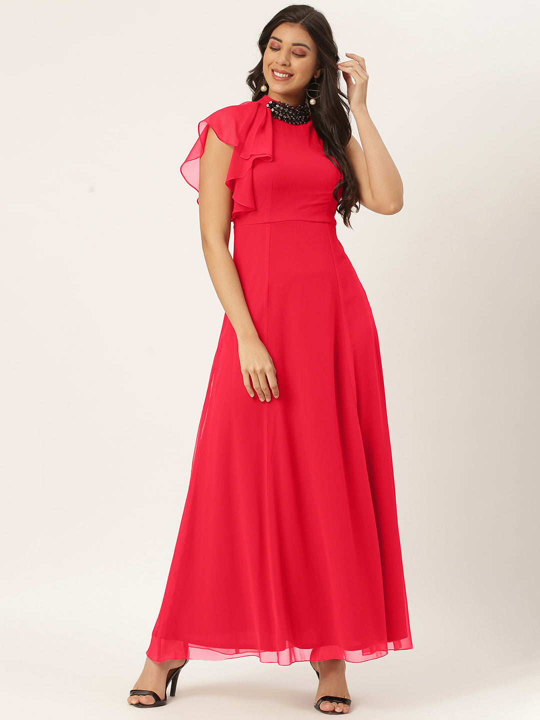 Red Solid Maxi Dress with Embellished Neck