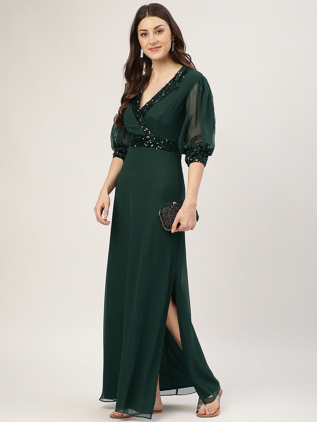 Green Embellished Slit Long Dress with 3/4 Sleeves
