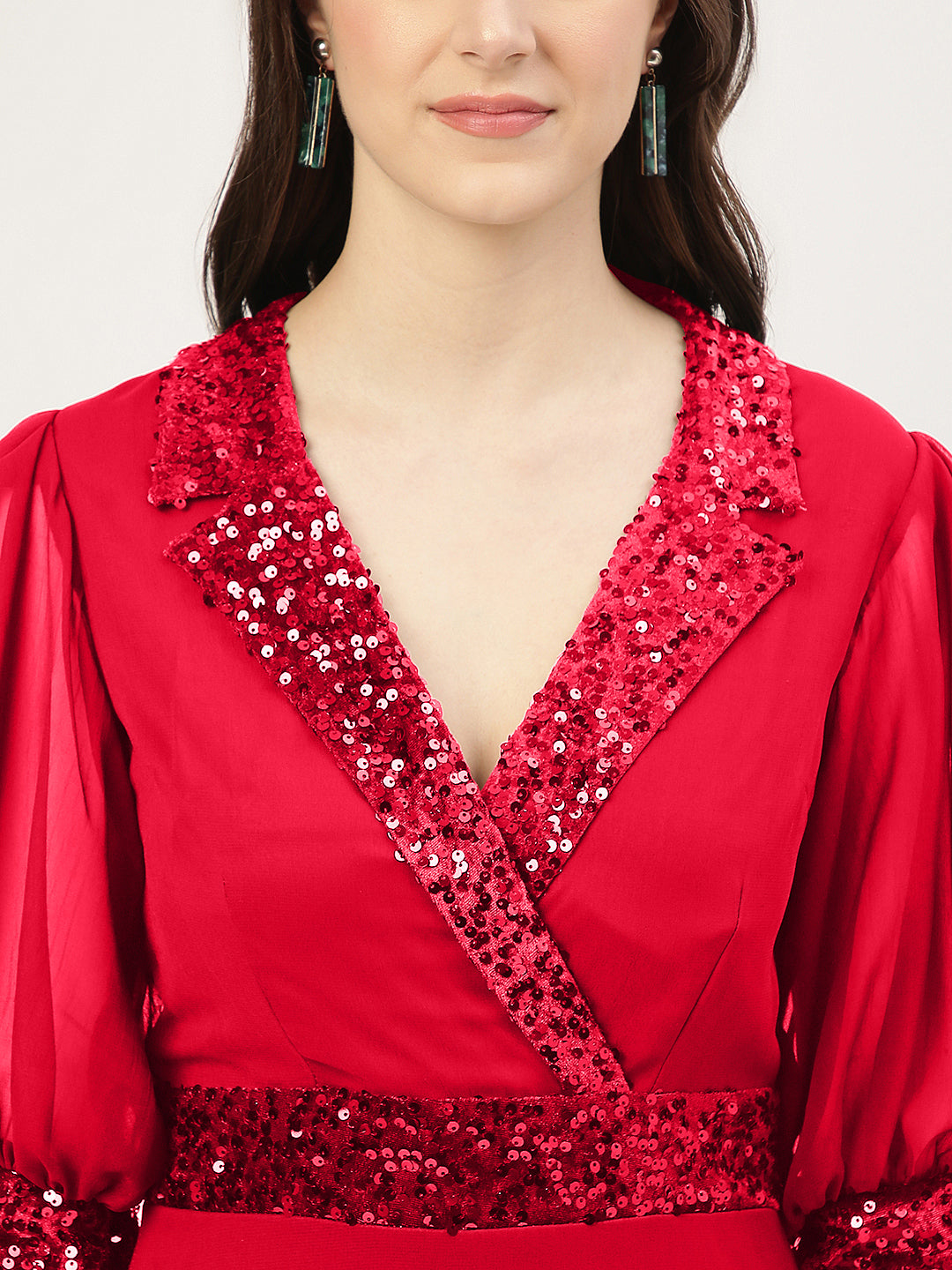 Red Embellished Slit Long Dress with 3/4 Sleeves