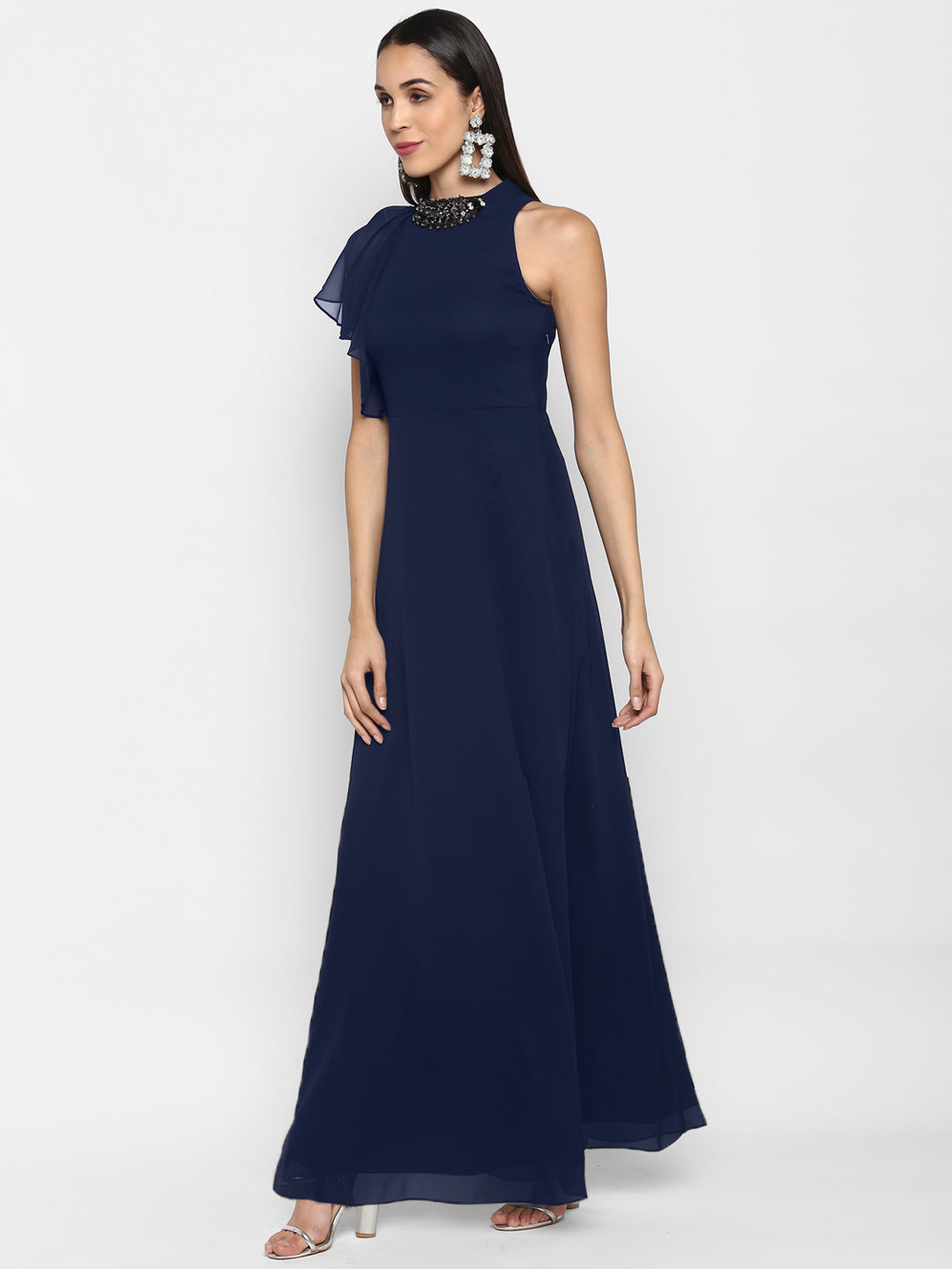 Navy Solid Maxi Dress with Embellished Neck