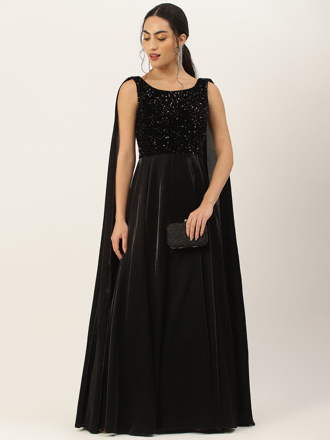 Black Velvet Embellished Ball Gown with Drape Sleeves