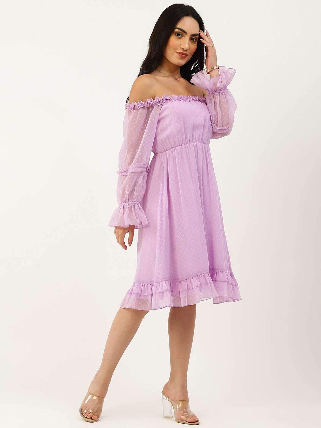 Lavender Off Shoulder Knee Length Casual Dress