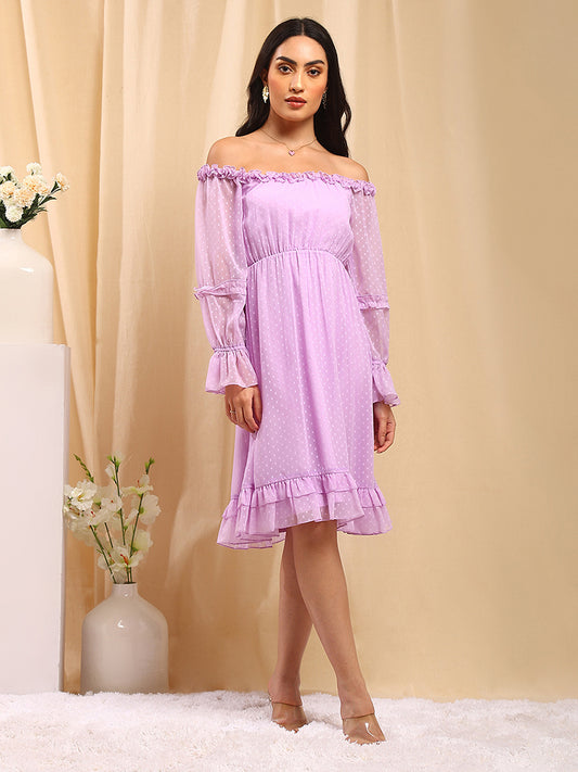 Lavender Off Shoulder Knee Length Casual Dress