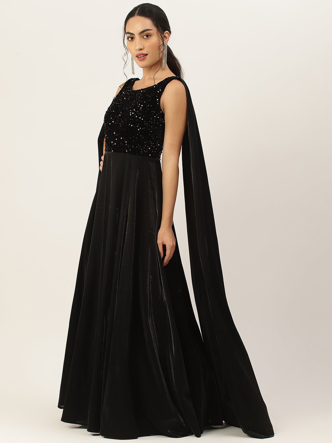 Black Velvet Embellished Ball Gown with Drape Sleeves