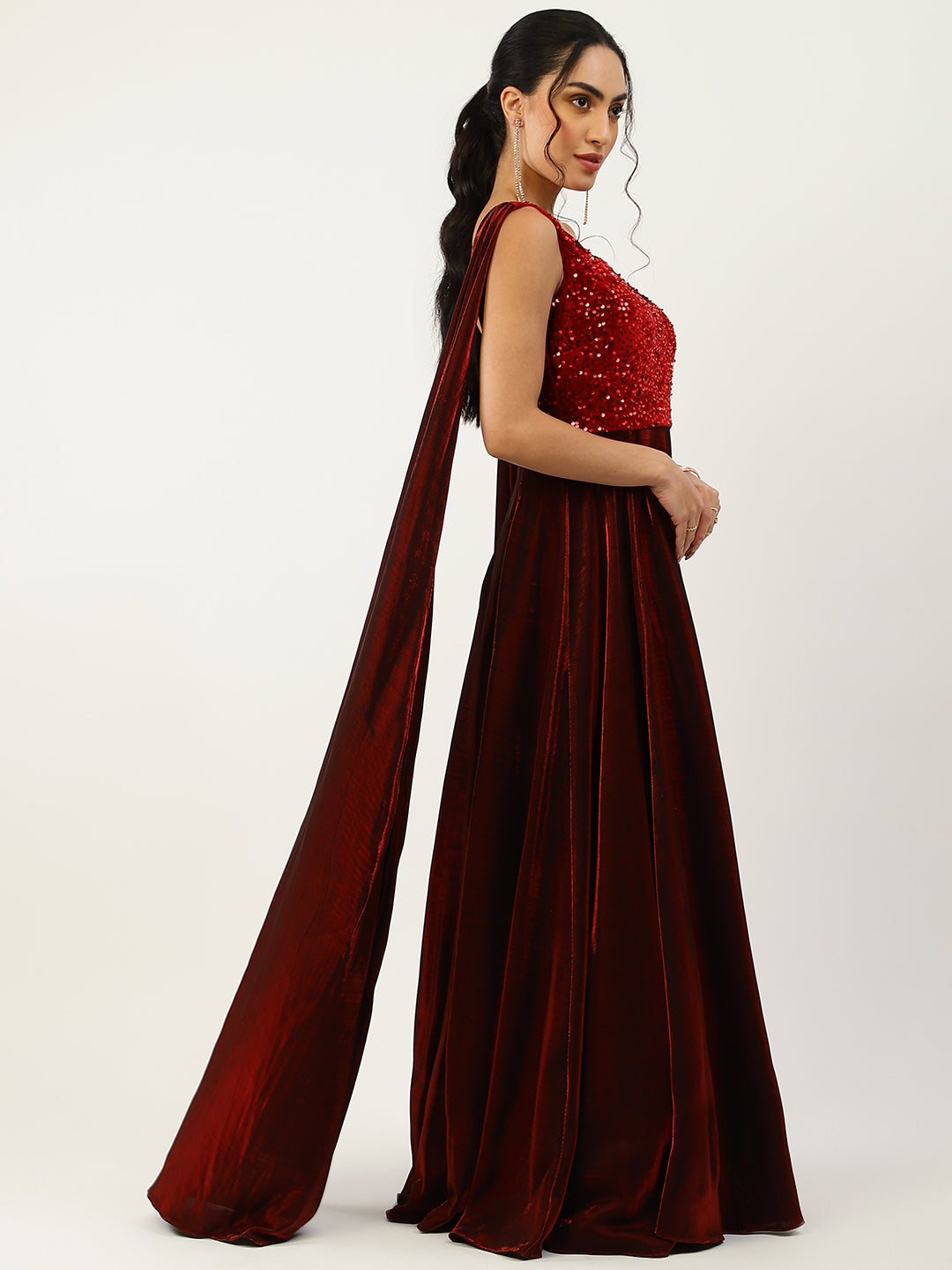 Maroon Velvet Embellished Ball Gown with Drape Sleeves