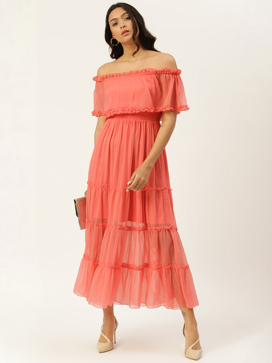 Pink Chiffon Off Shoulder Midi Dress