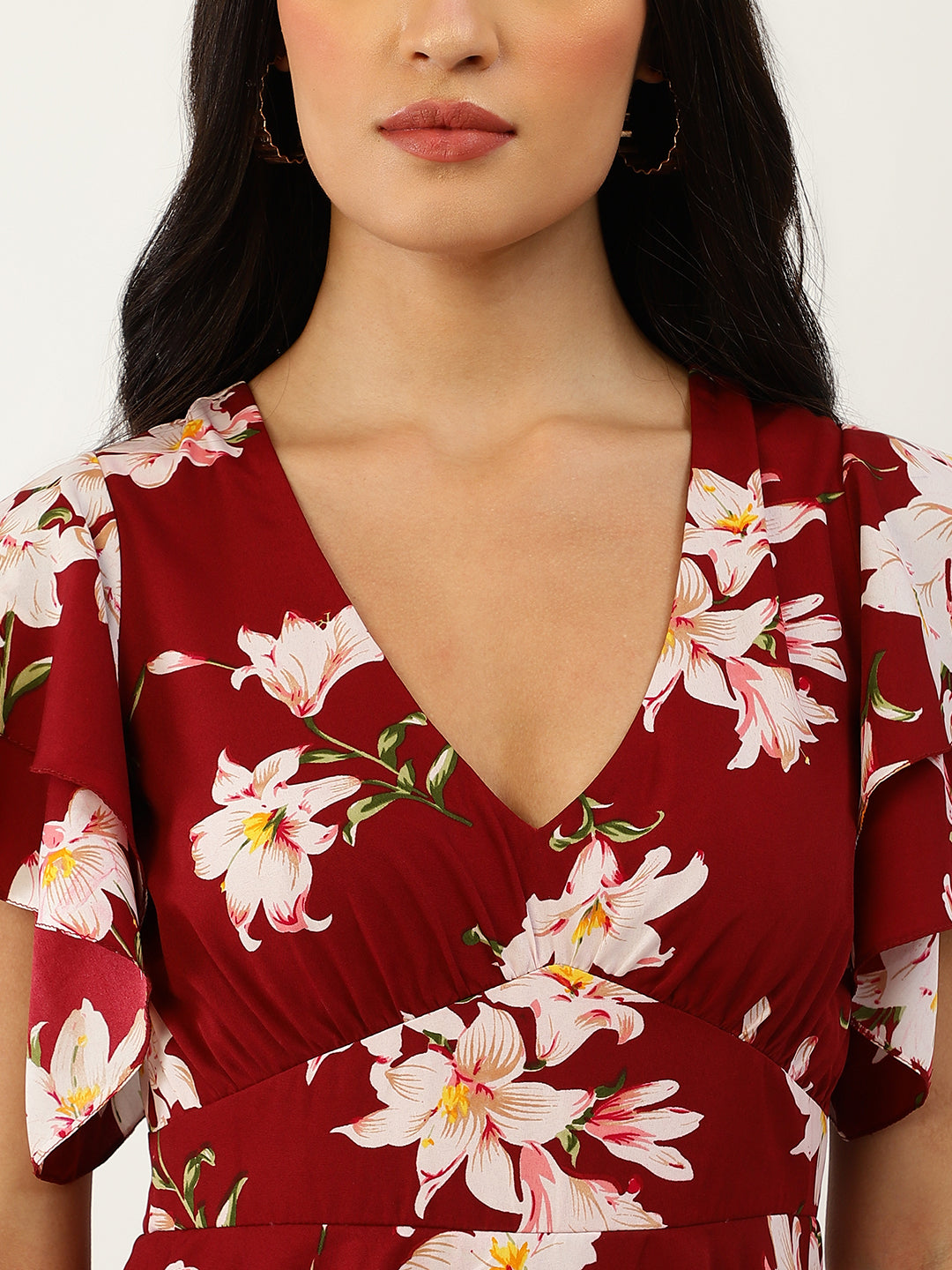 Maroon Floral Print Layered Maxi Dress