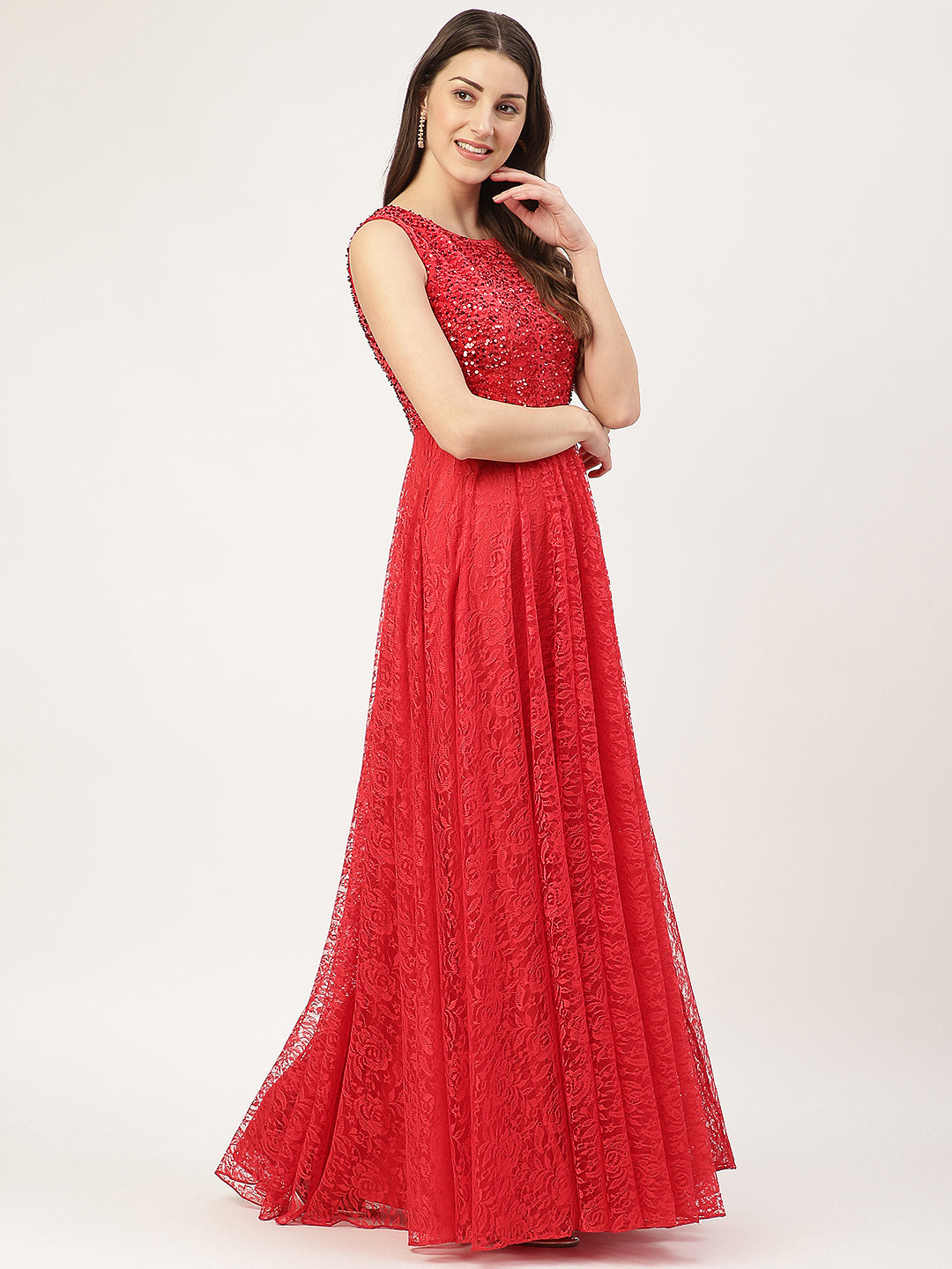 Red Sleeveless Embellished Lace Gown