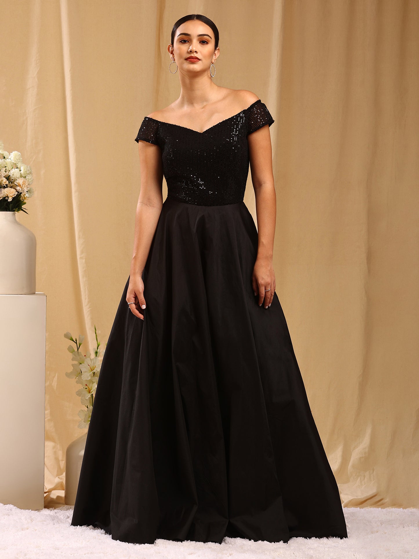 Black Off Shoulder Embellished Gown