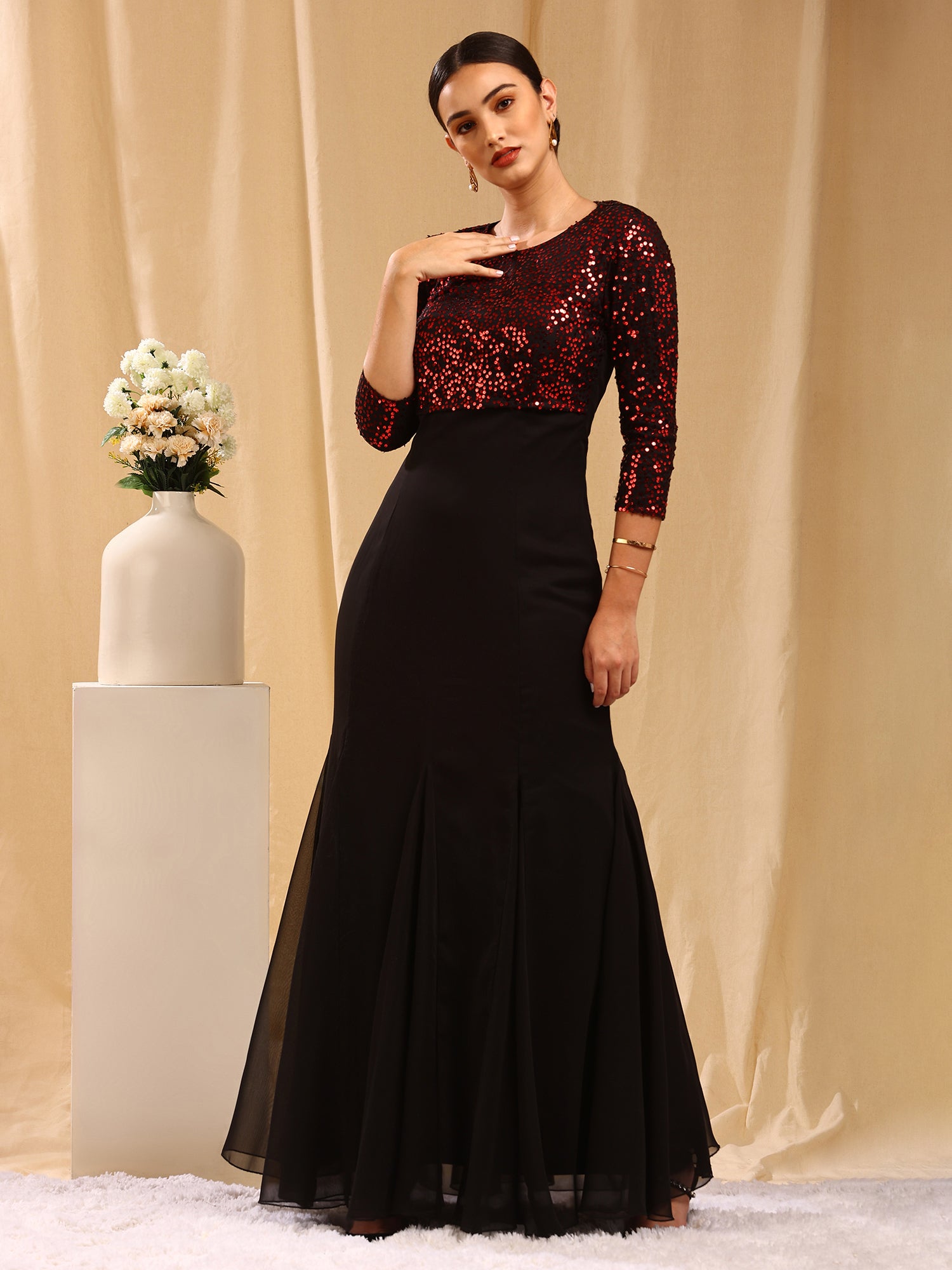 Red & Black Embellished Gown with 3/4 Sleeves – Trendy Divva