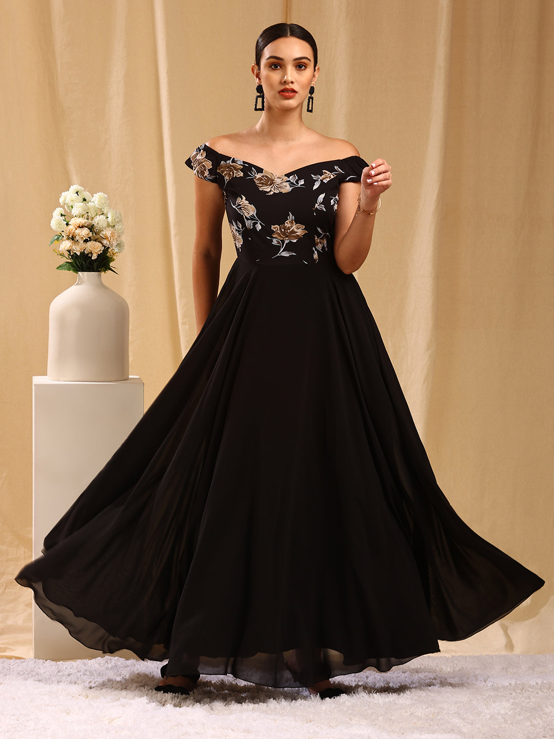 Black Floral Print Off Shoulder Flared Dress