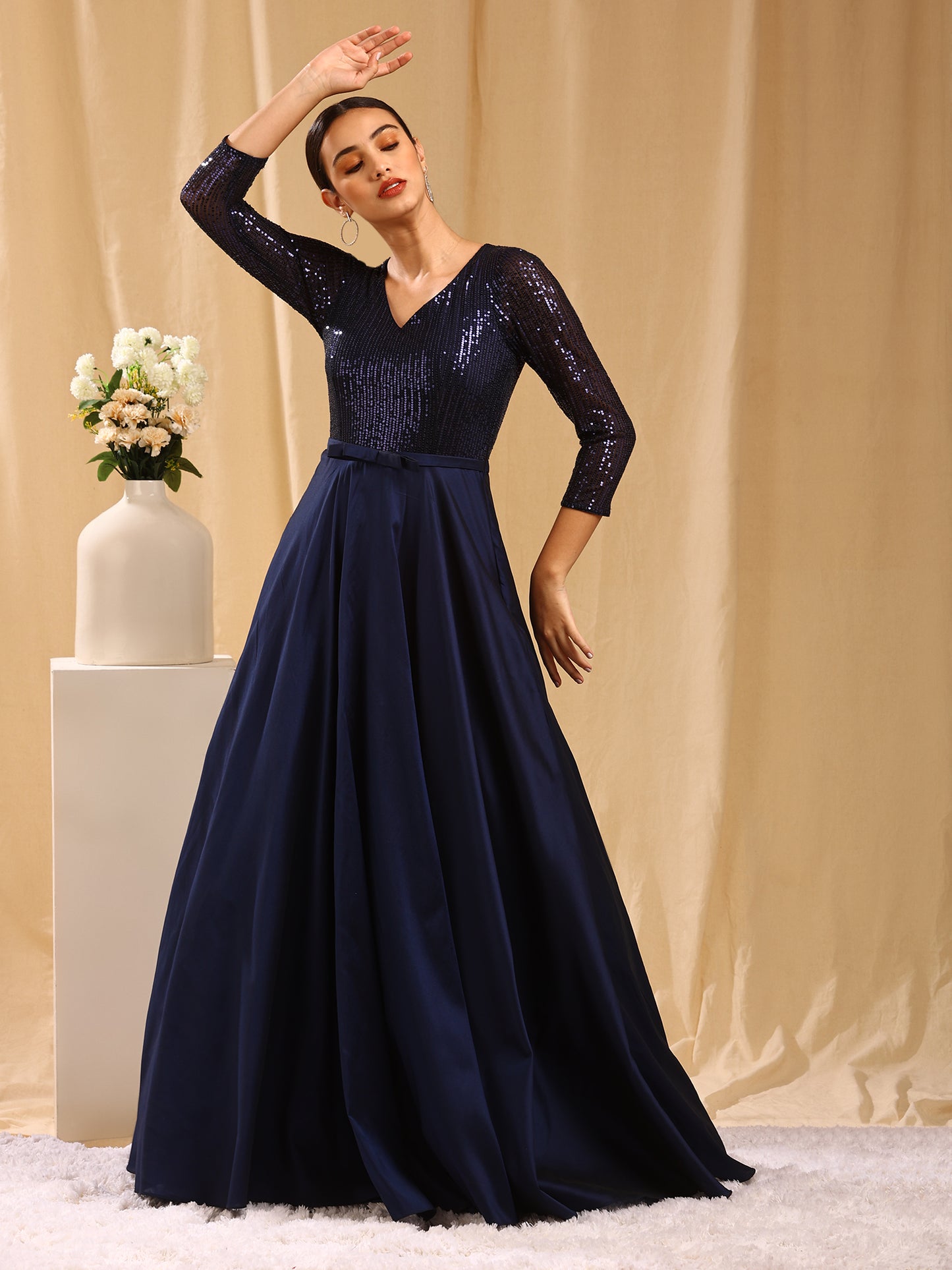 Navy Embellished Ball Gown with 3/4 Sleeves