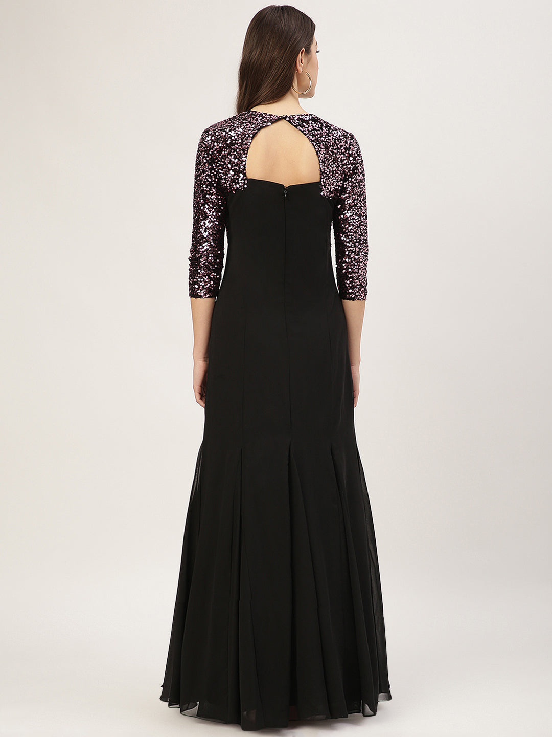 Pink & Black Embellished Gown with 3/4 Sleeves