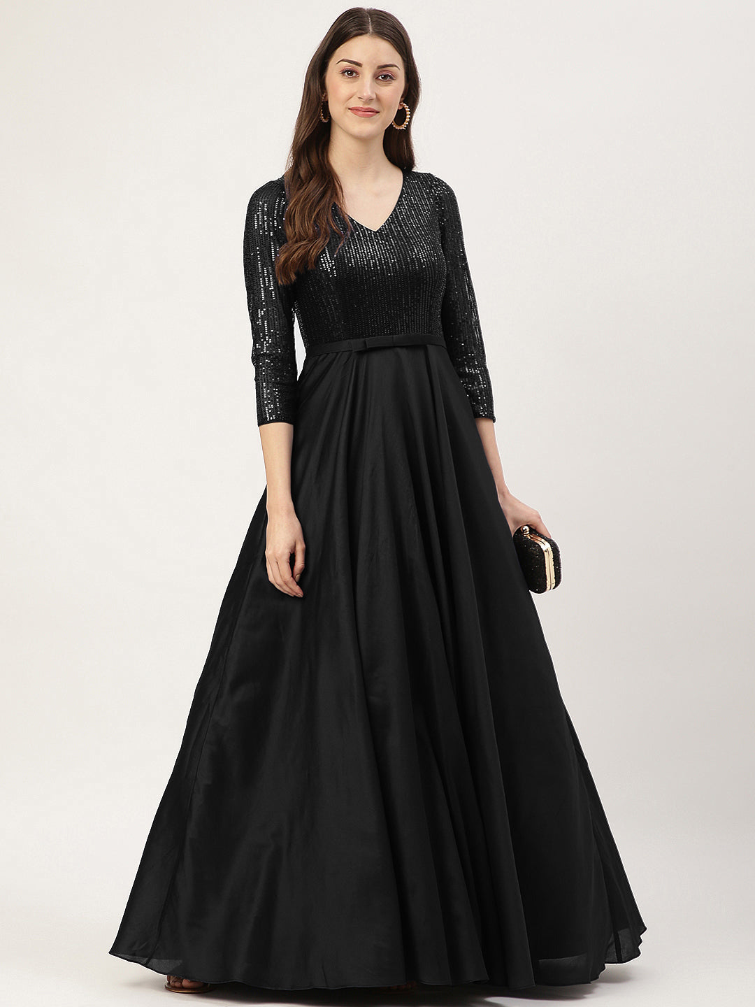 Black Embellished Ball Gown with 3/4 Sleeves