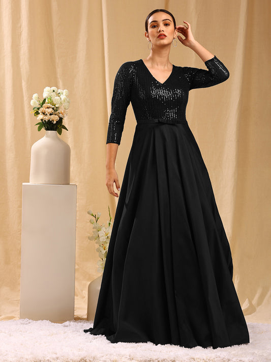 Black Embellished Ball Gown with 3/4 Sleeves