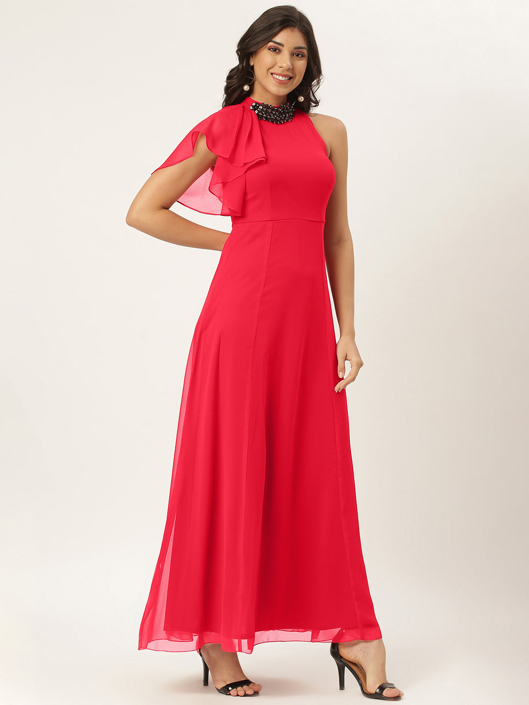 Red Solid Maxi Dress with Embellished Neck