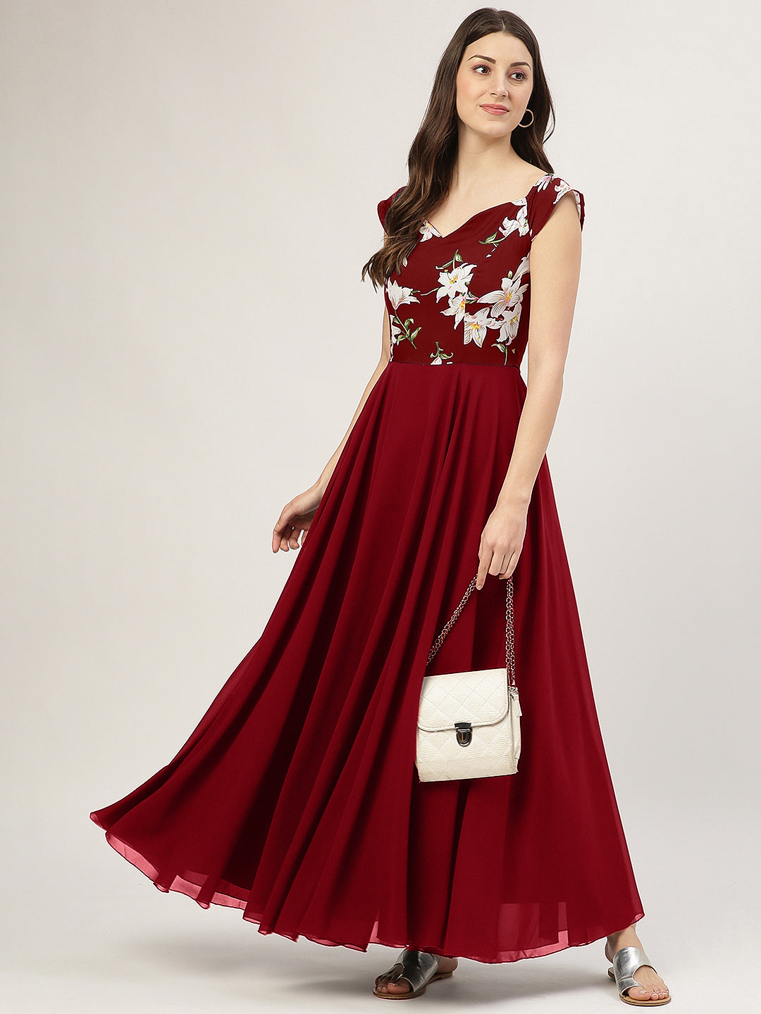Maroon Floral Print Off Shoulder Flared Dress