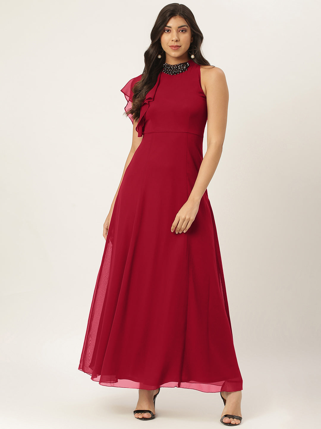 Maroon Solid Maxi Dress with Embellished Neck