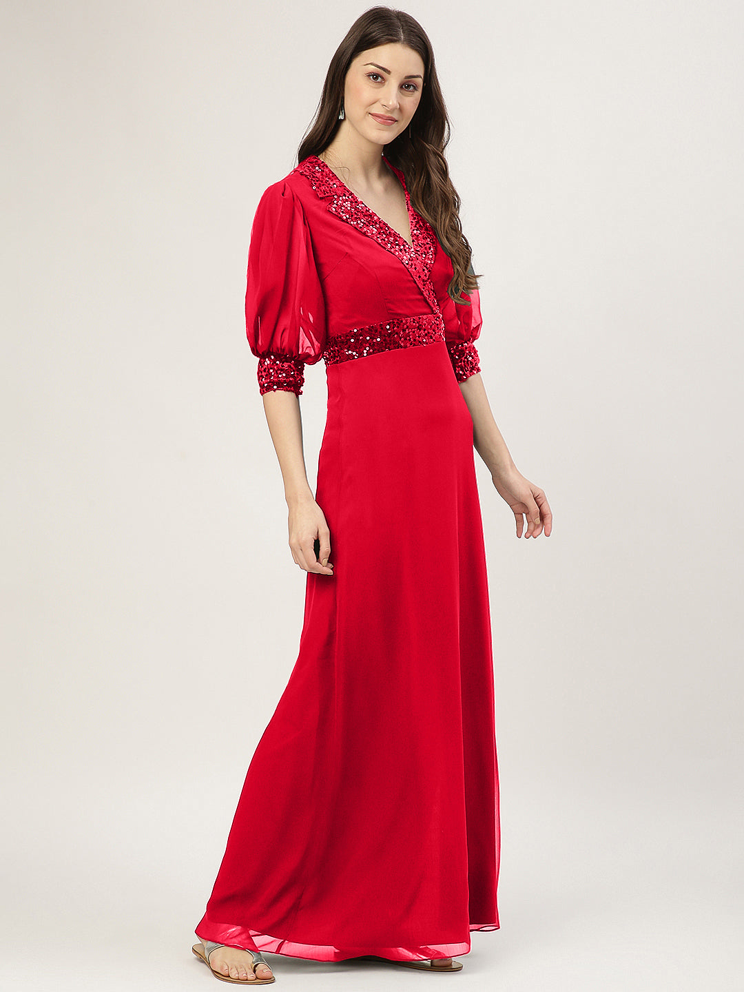 Red Embellished Slit Long Dress with 3/4 Sleeves
