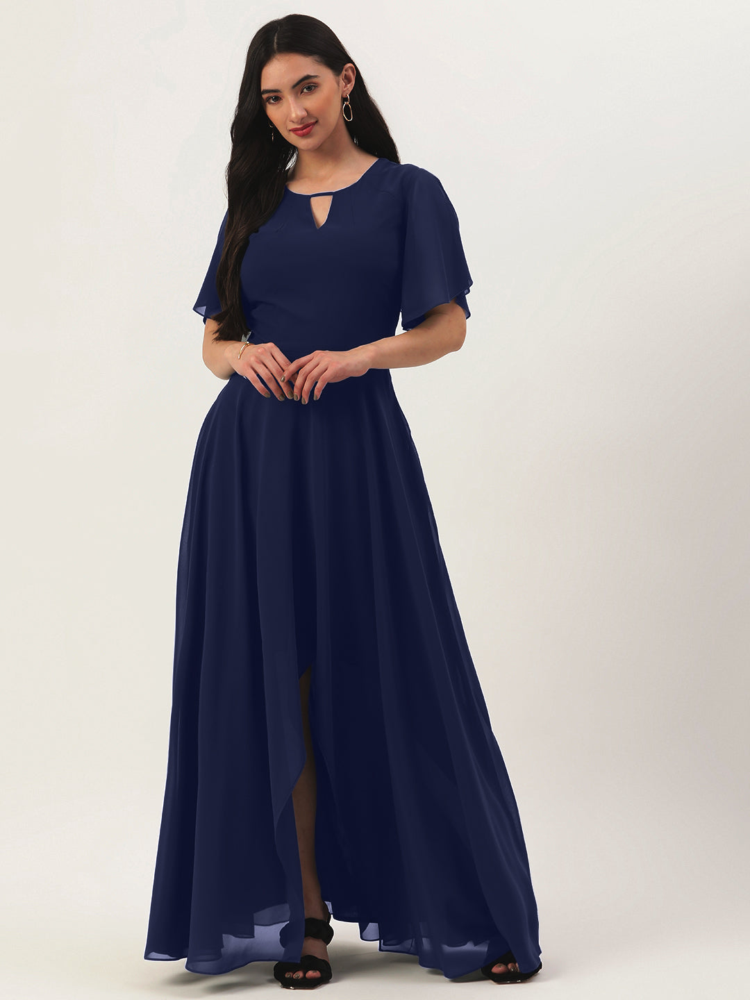 Navy Blue High Low Maxi Dress with Slit Waist
