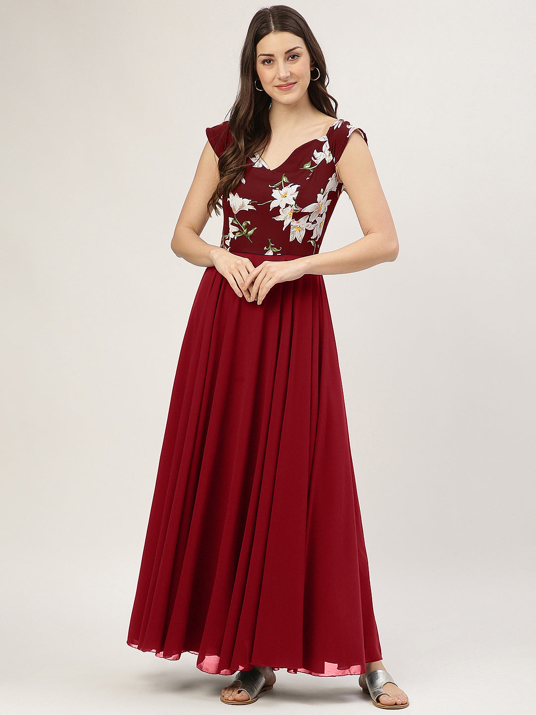 Maroon Floral Print Off Shoulder Flared Dress