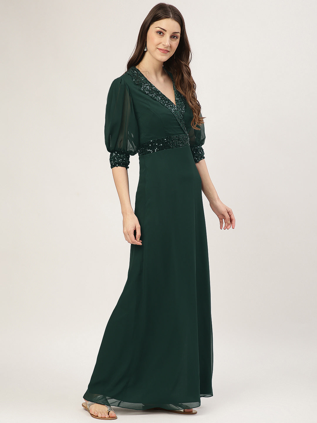 Green Embellished Slit Long Dress with 3/4 Sleeves