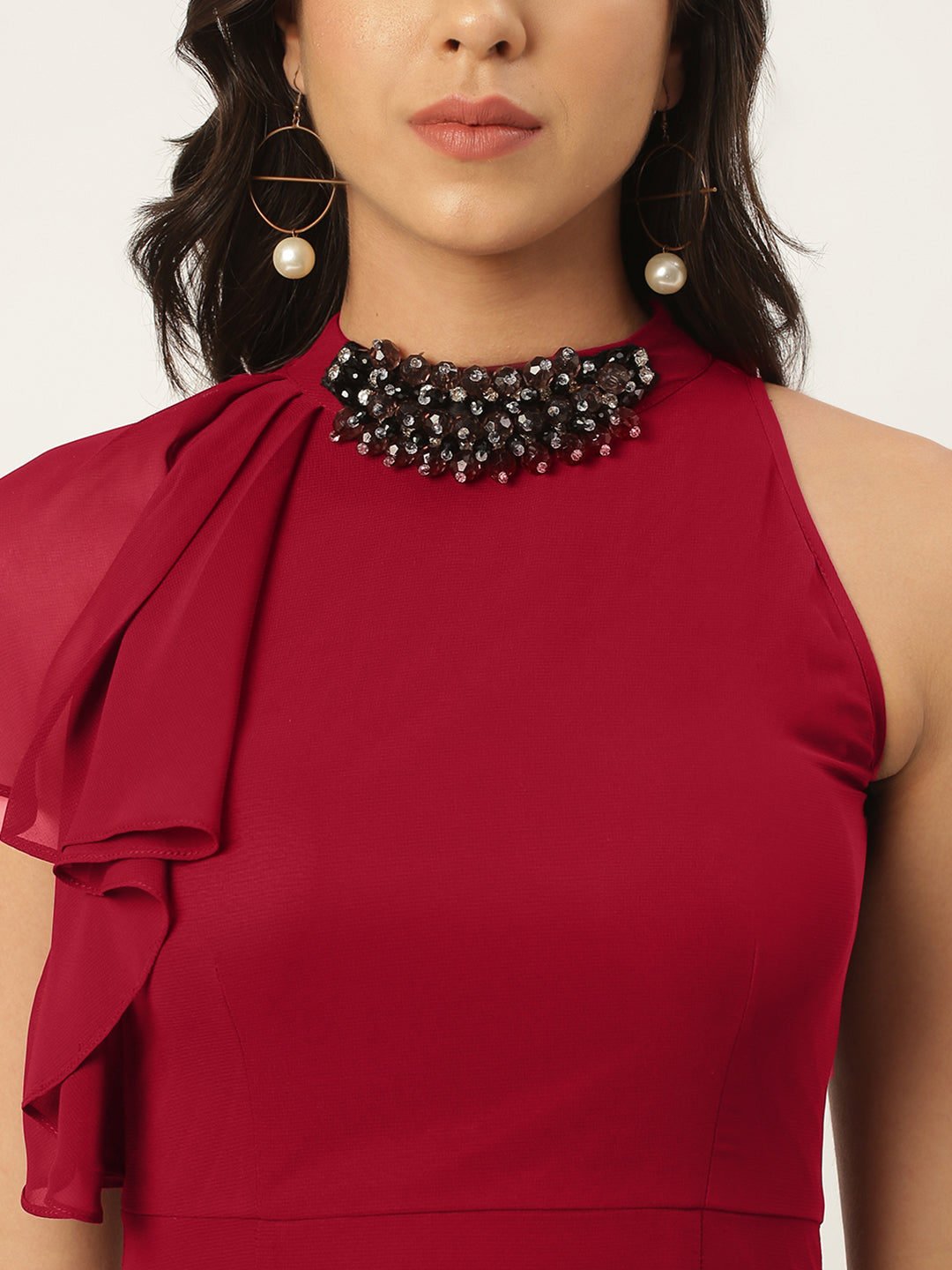Maroon Solid Maxi Dress with Embellished Neck