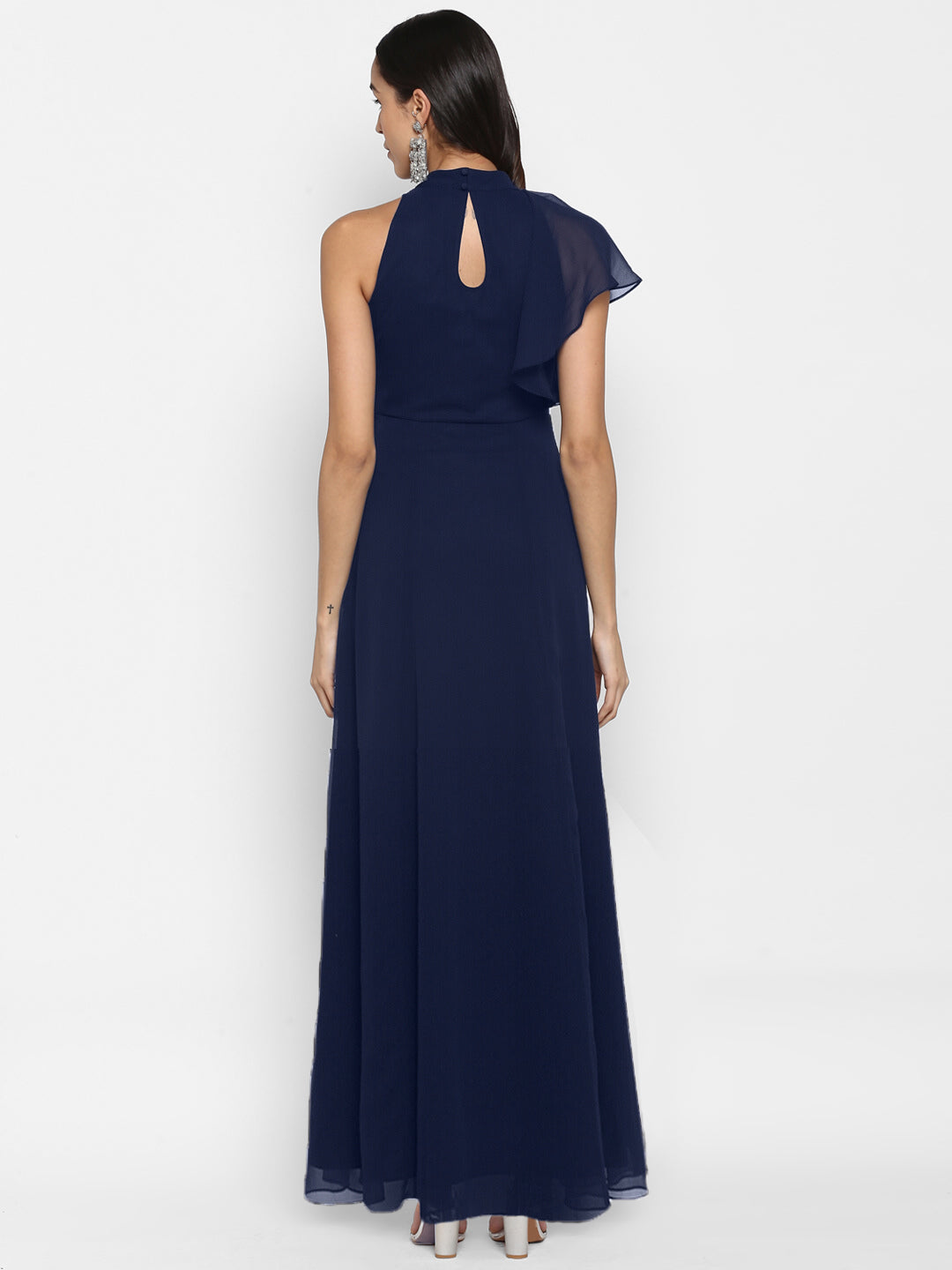 Navy Solid Maxi Dress with Embellished Neck