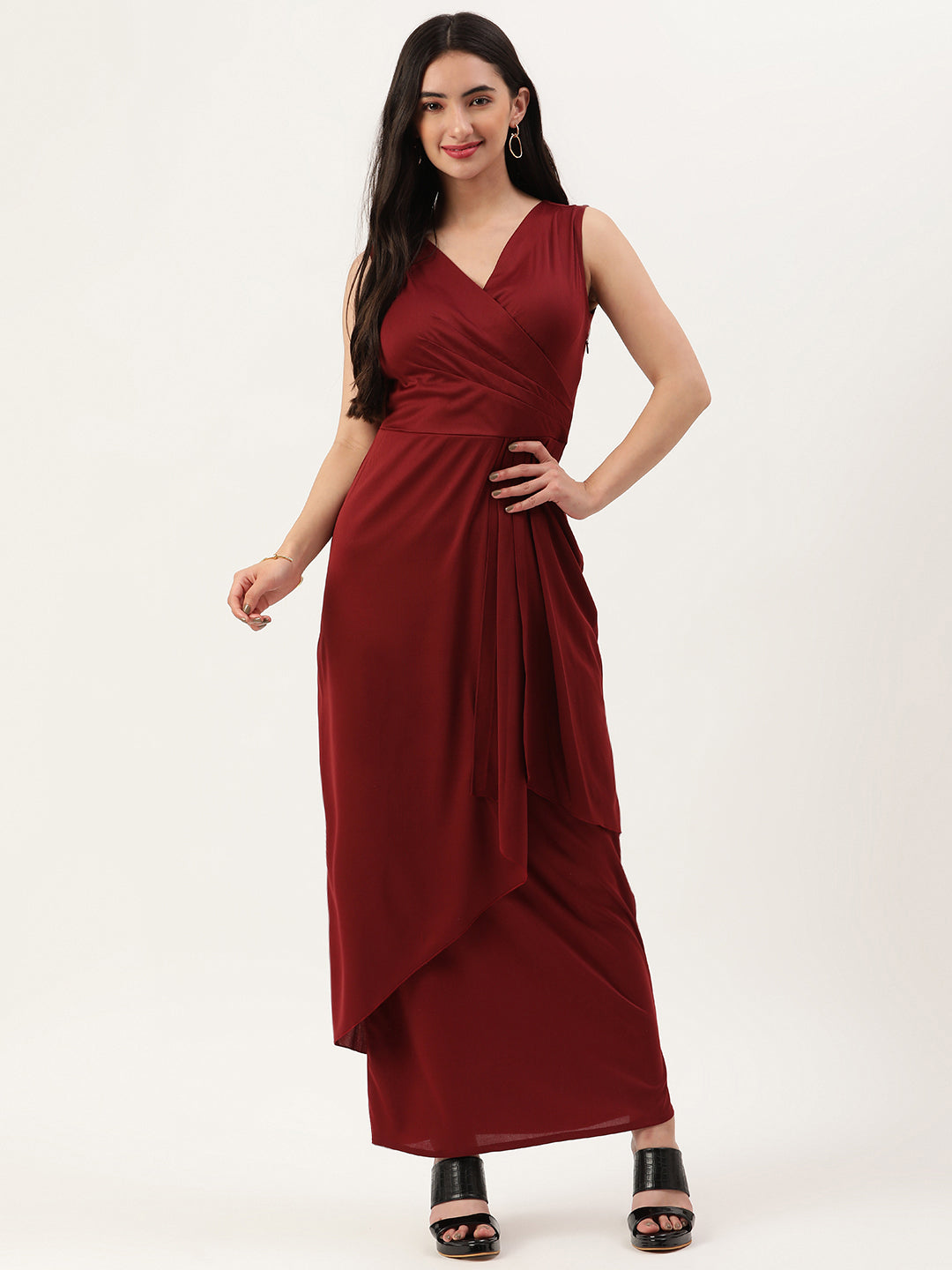 Maroon Sleeveless Wrap Maxi Dress