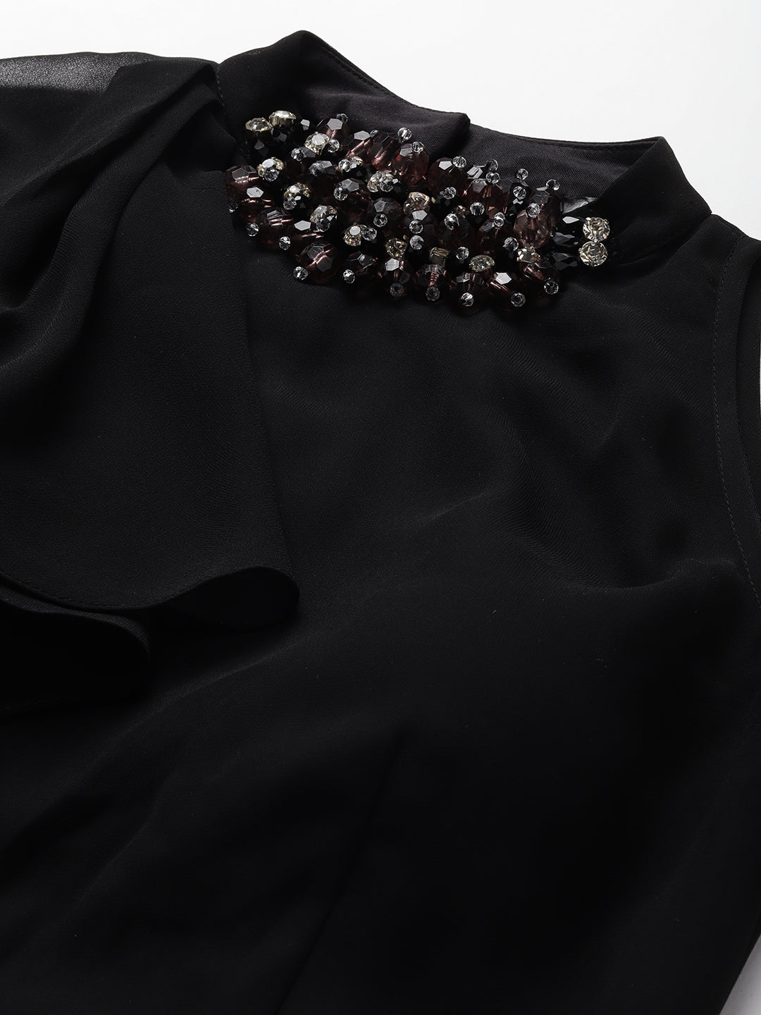 Black Solid Maxi Dress with Embellished Neck