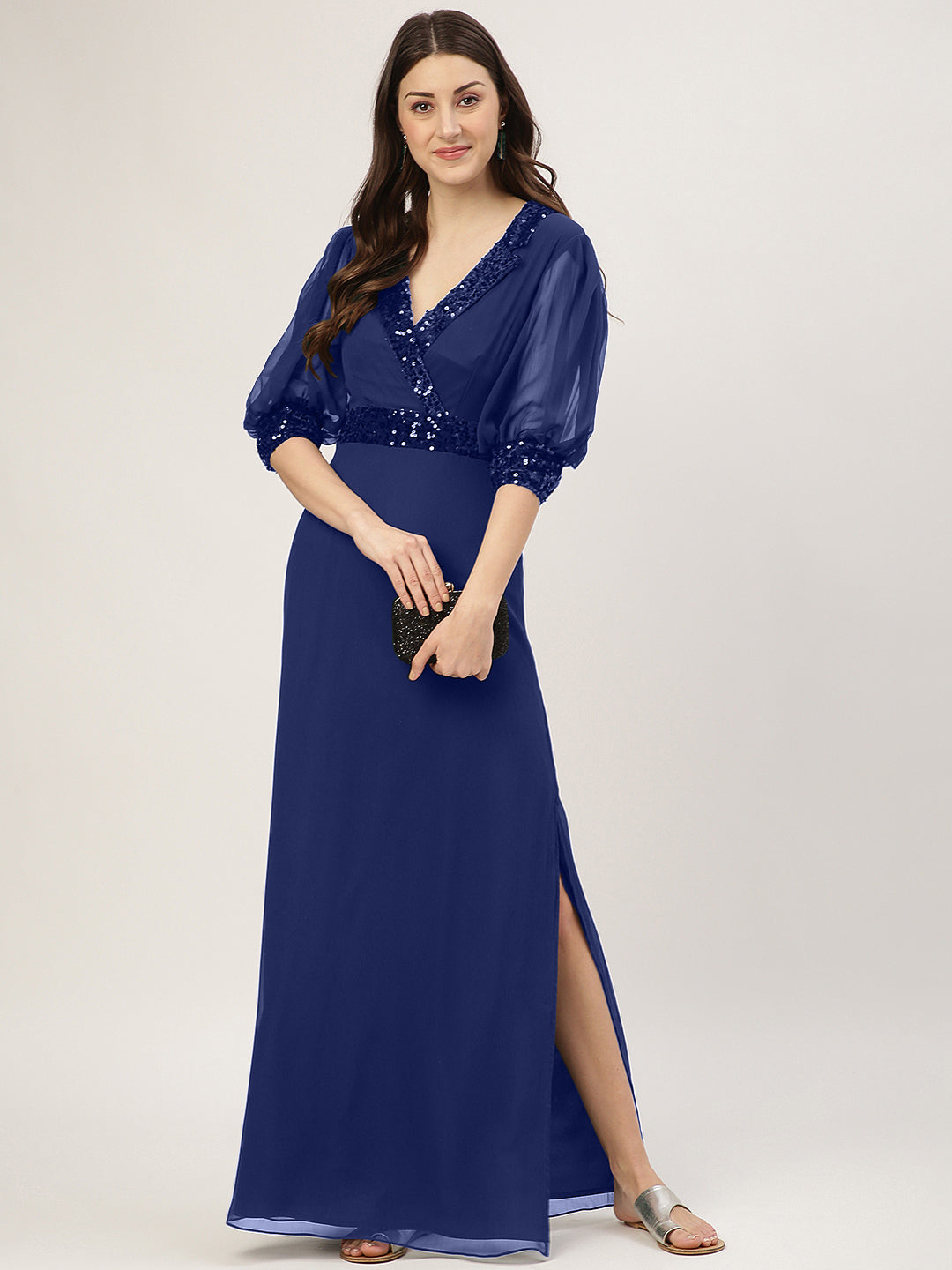 Navy Blue Embellished Slit Long Dress with 3/4 Sleeves
