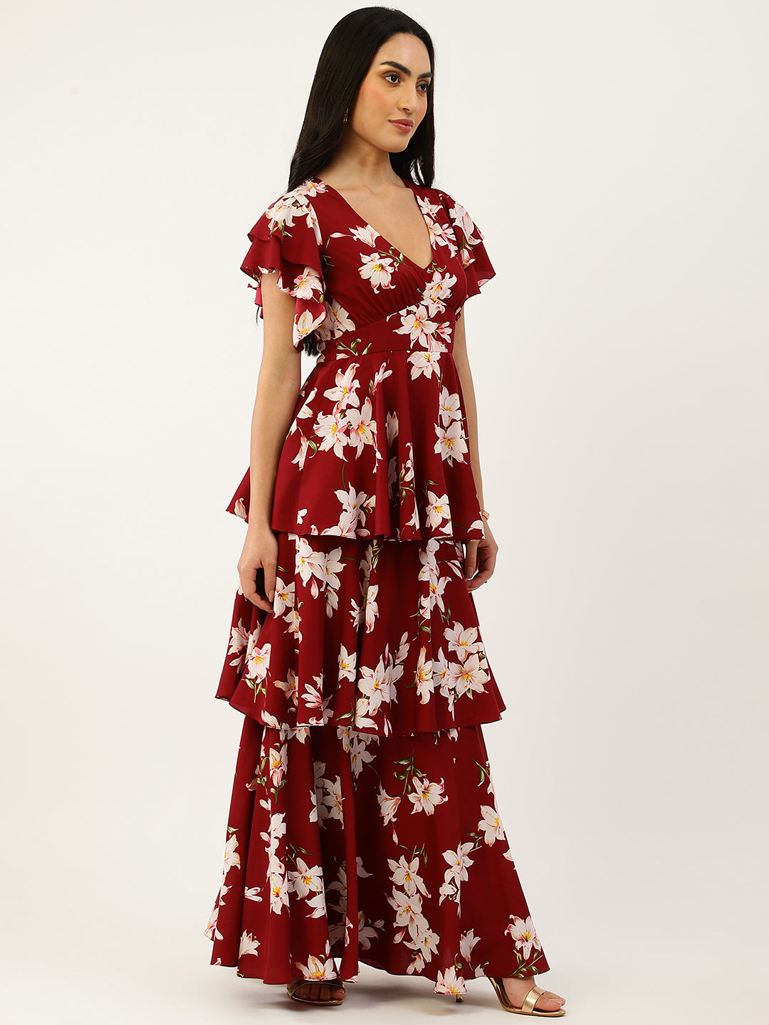 Maroon Floral Print Layered Maxi Dress