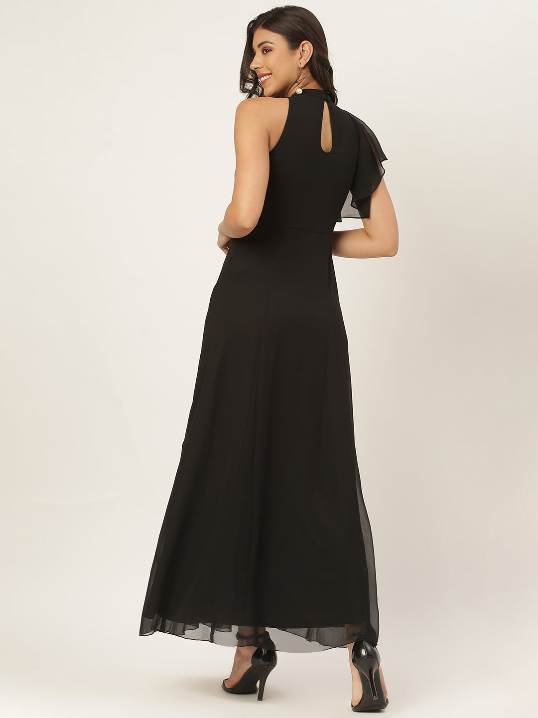 Black Solid Maxi Dress with Embellished Neck