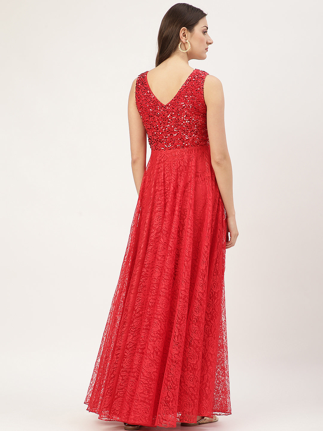 Red Sleeveless Embellished Lace Gown