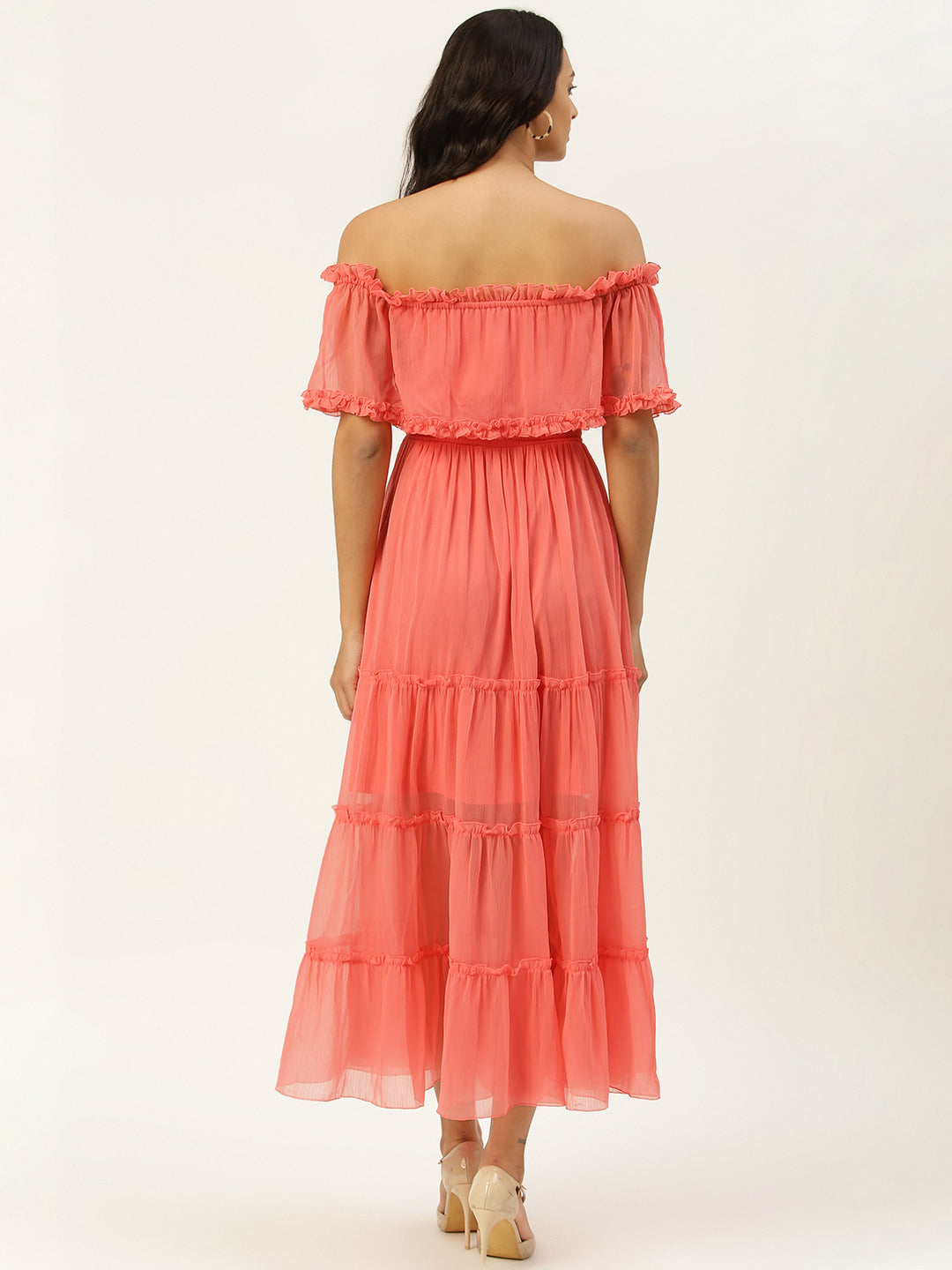 Pink Chiffon Off Shoulder Midi Dress