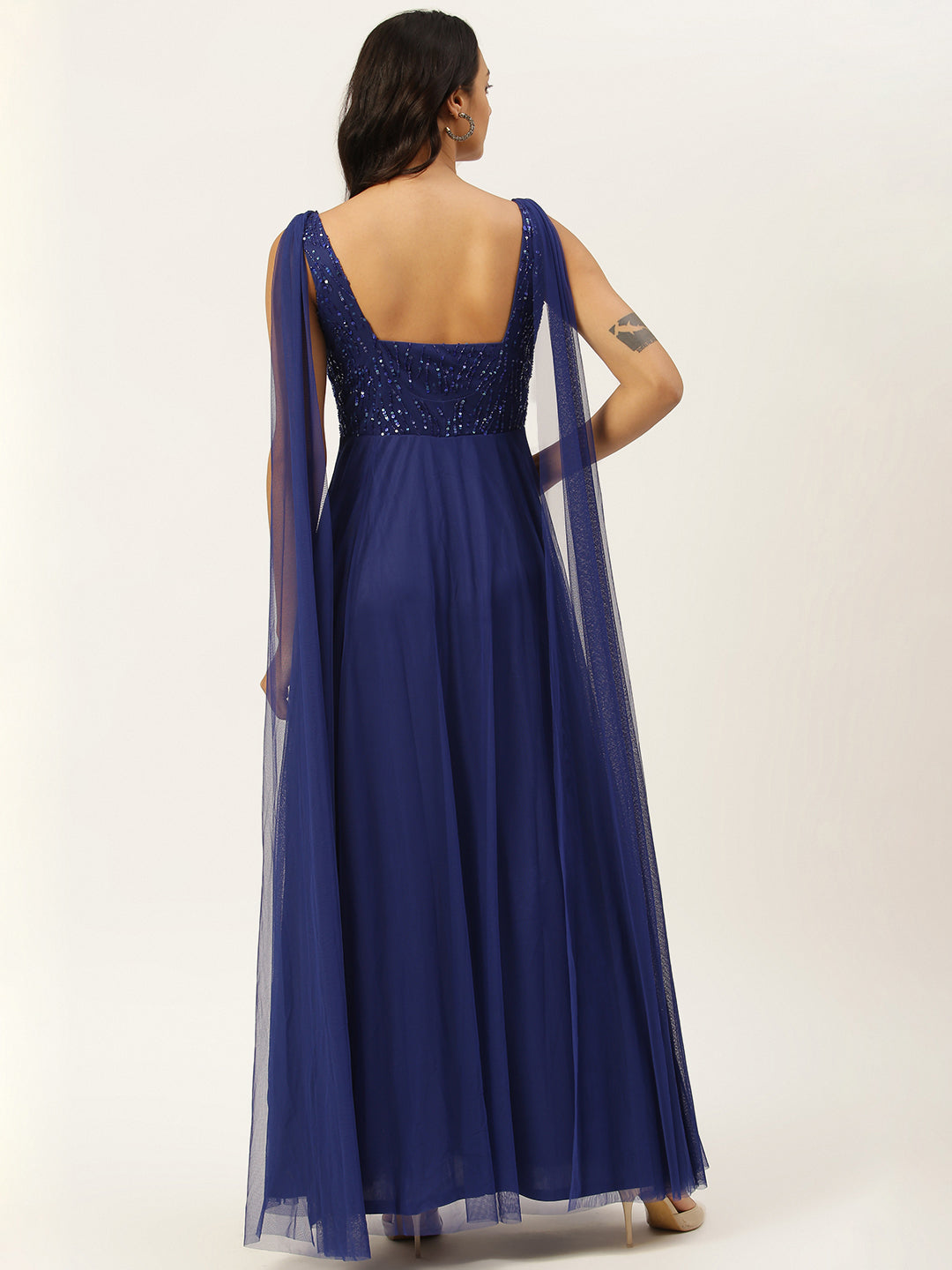 Blue Embellished Sleeveless Gown with Back Drape