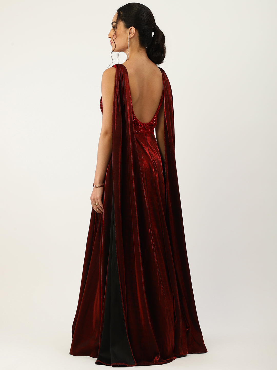 Maroon Velvet Embellished Ball Gown with Drape Sleeves