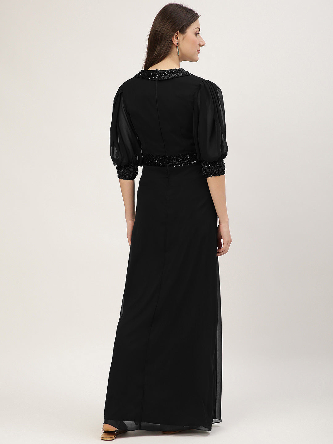 Black Embellished Slit Long Dress with 3/4 Sleeves