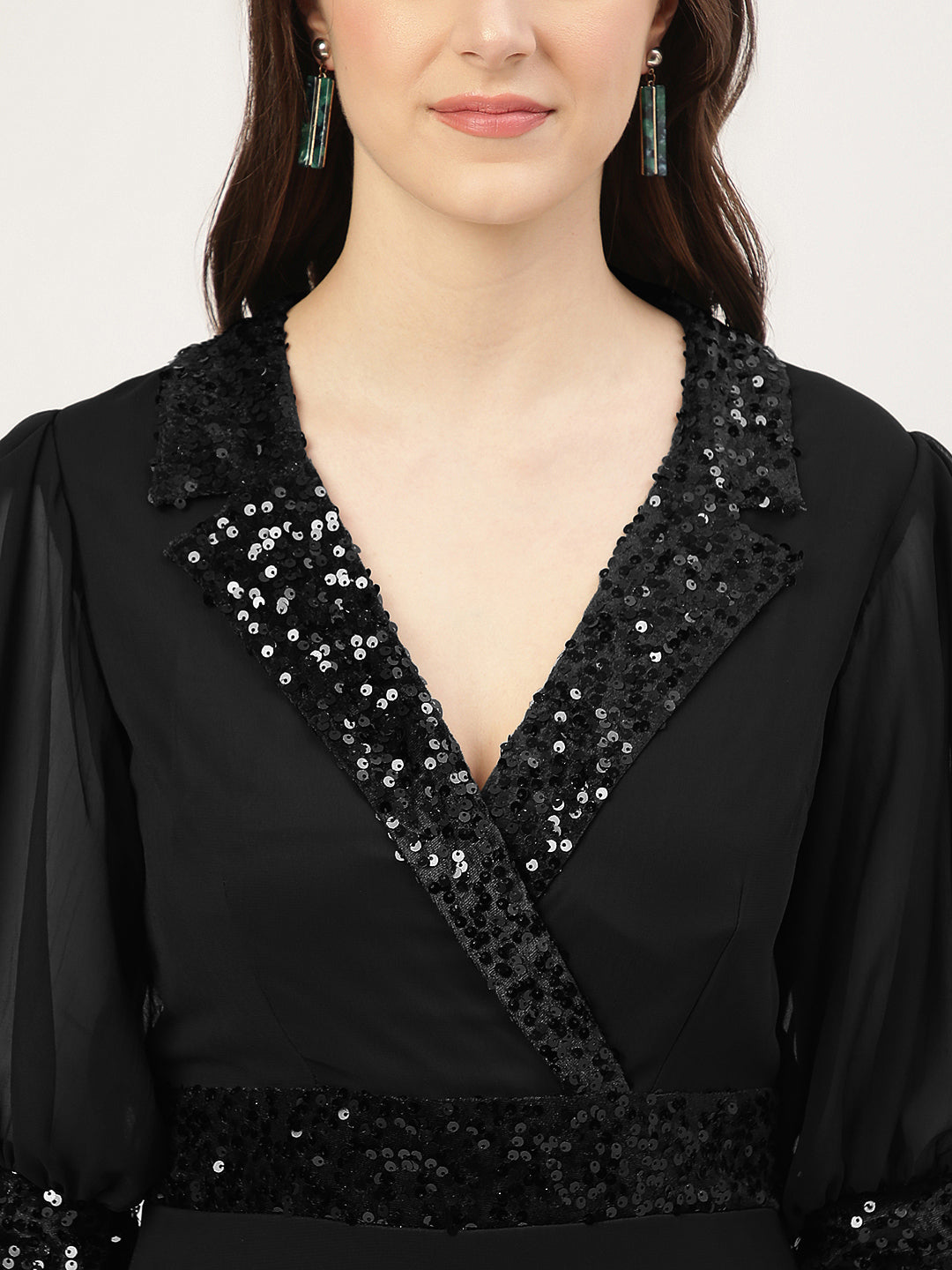 Black Embellished Slit Long Dress with 3/4 Sleeves