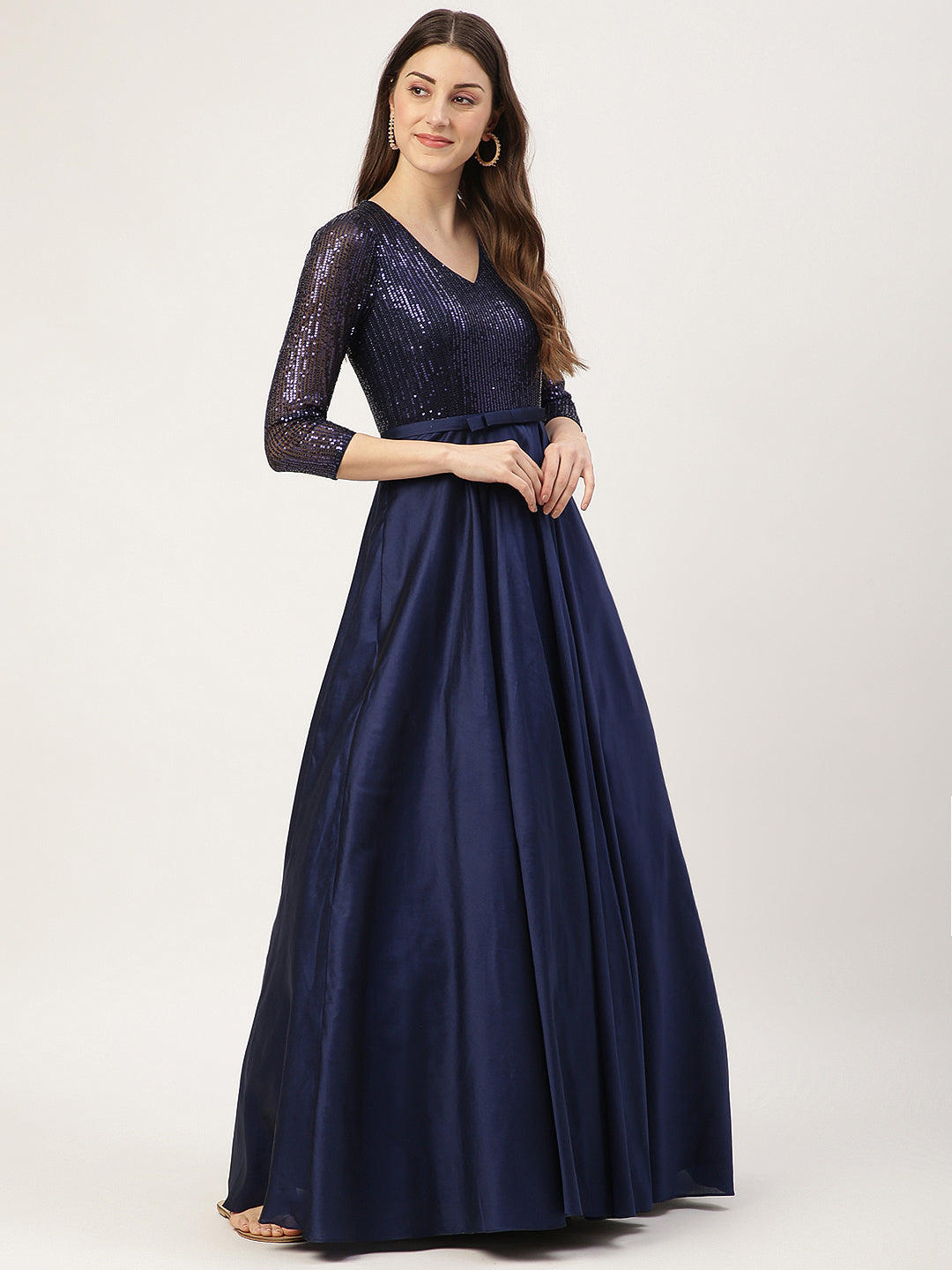 Navy Embellished Ball Gown with 3/4 Sleeves
