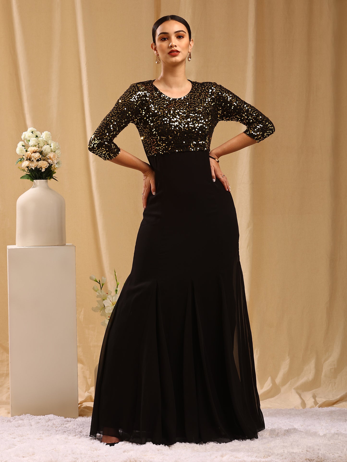 Gold & Black Embellished Gown with 3/4 Sleeves