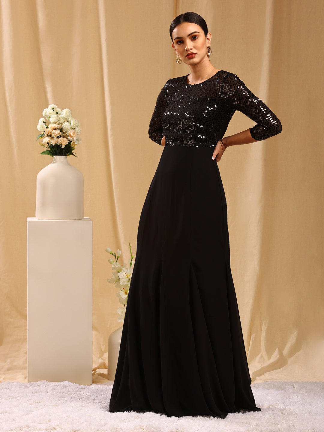 Black Embellished Gown with 3/4 Sleeves