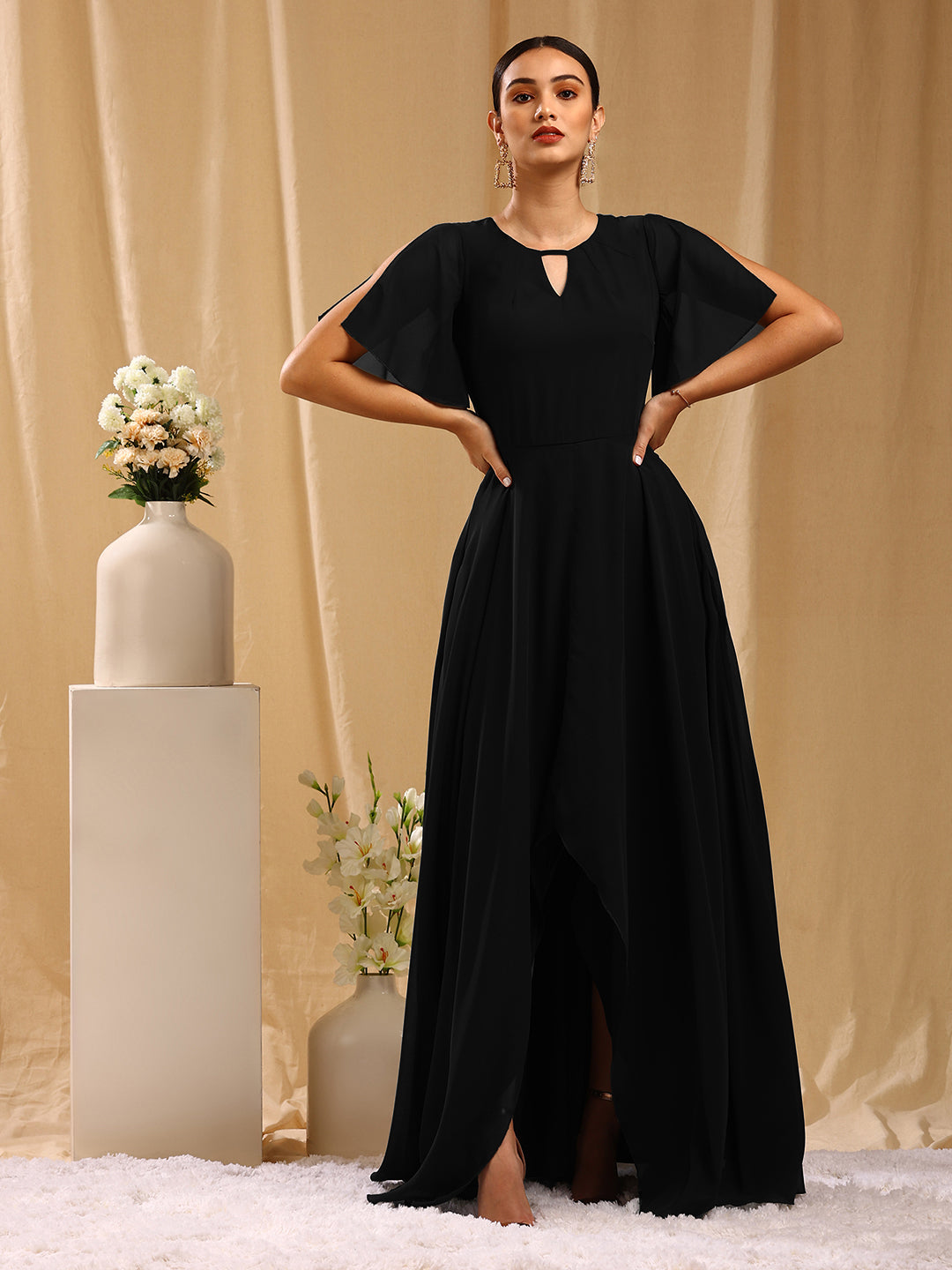 Womens Black Silk High Double Slit Halter Neck Backless High waisted Maxi  Dress | eBay
