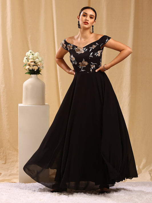 Black Floral Print Off Shoulder Flared Dress