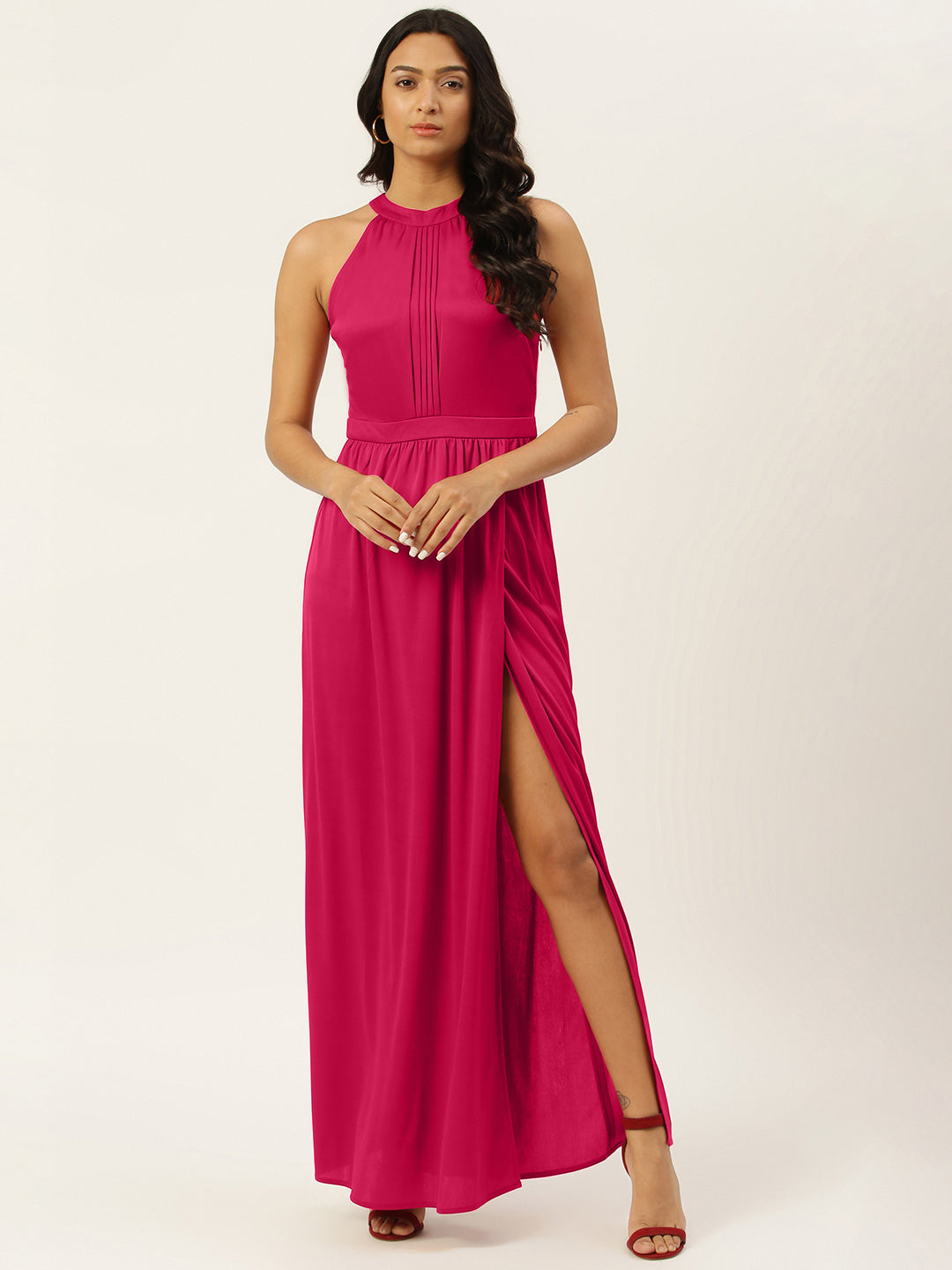 Halter Neck Pink Slit Maxi Dress