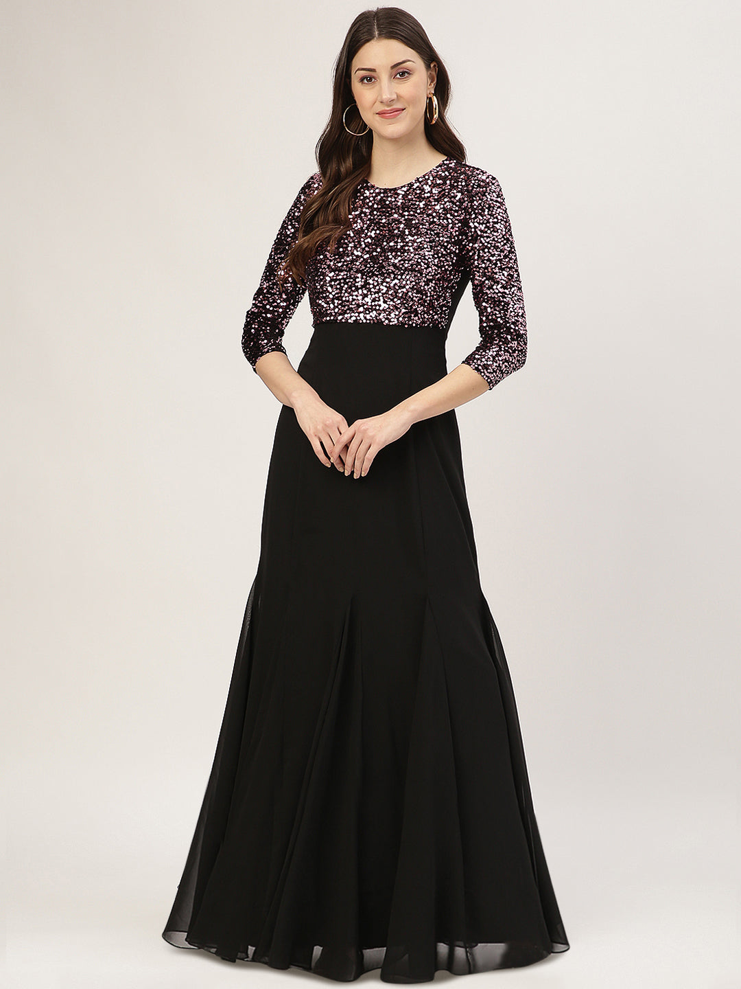 Pink & Black Embellished Gown with 3/4 Sleeves