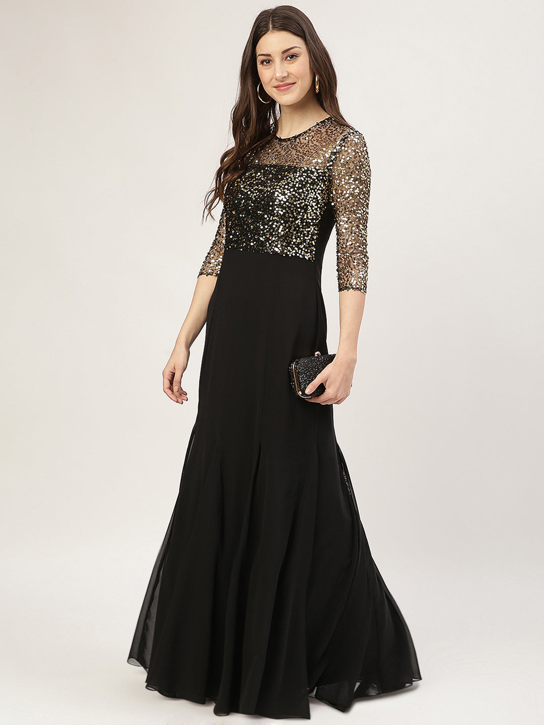 Gold & Black Embellished Gown with 3/4 Sleeves