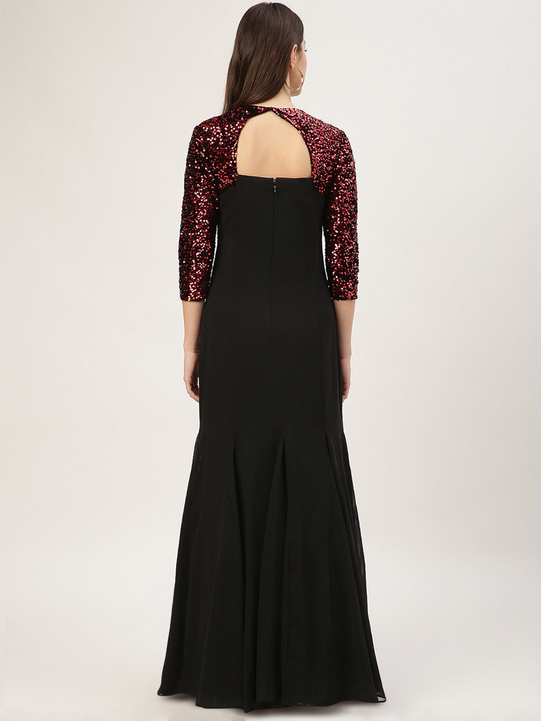 Red & Black Embellished Gown with 3/4 Sleeves