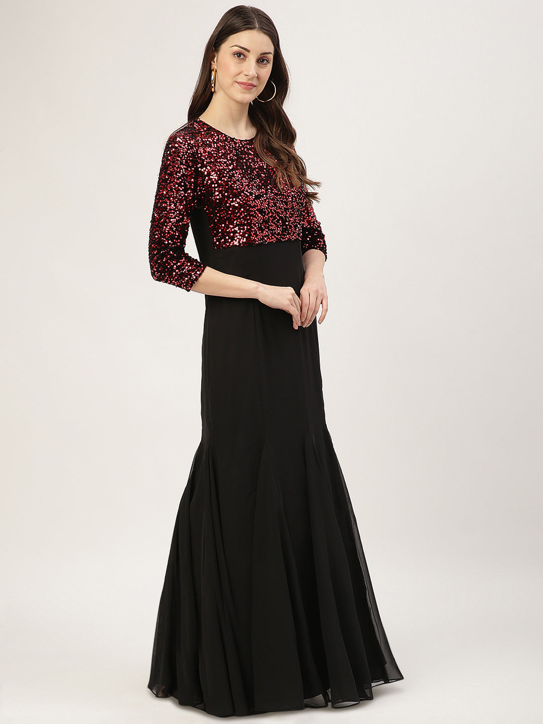 Red & Black Embellished Gown with 3/4 Sleeves