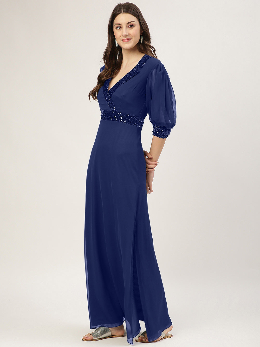 Navy Blue Embellished Slit Long Dress with 3/4 Sleeves